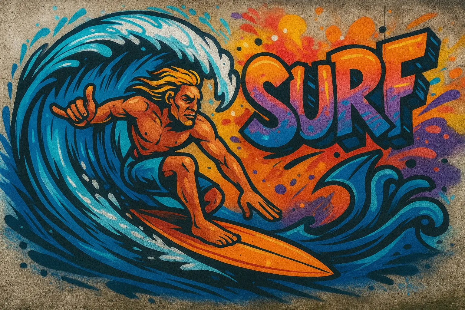 Mural — a surfer on a wave, color artwork